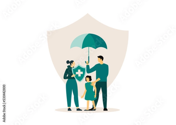 Fototapeta Family insurance. Shield protection for family flat vector illustration. Health and life insurance concept for banner, website design or landing web page