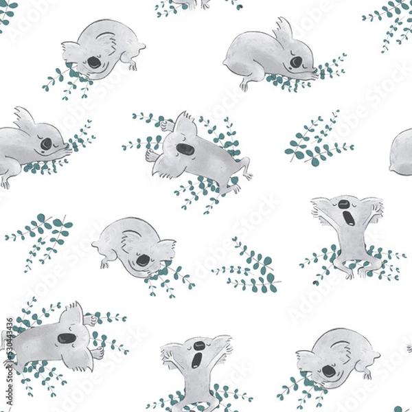 Fototapeta seamless companion patterns featuring sleepy cute koalas and eucalyptus branches