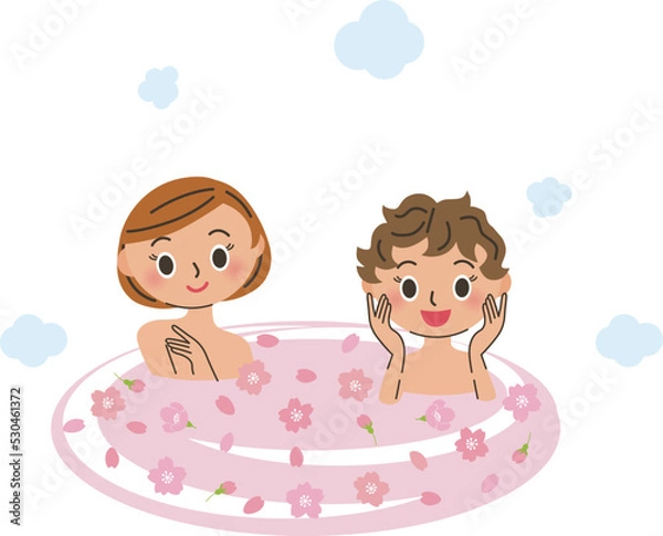 Fototapeta 桜湯の温泉に入る仲良し女性