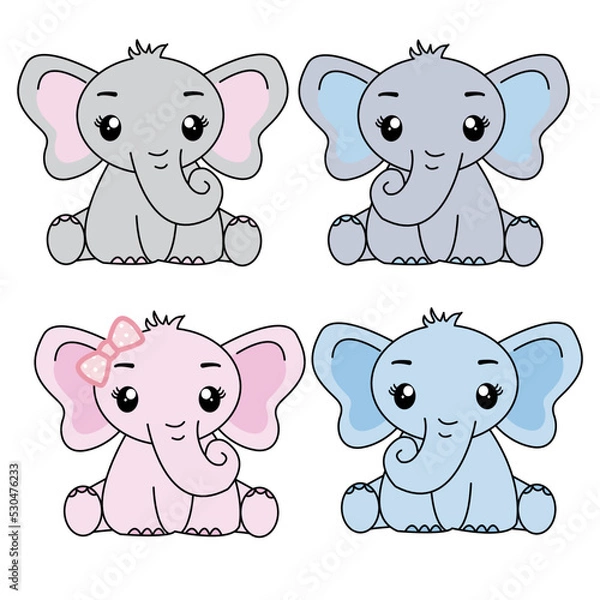 Fototapeta Cute baby elephant set. Funny cartoon animal character Vector illustration for circus tricks. Set of elephant cartoon character isolated on white background.