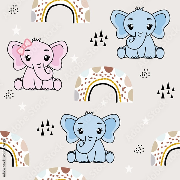 Fototapeta Seamless pattern with cute elephant, Creative childish texture. Great for fabric, textile Vector Illustration.