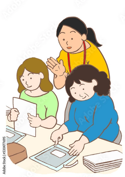 Fototapeta 就労支援施設で作業をする精神障害のある利用者と女性スタッフのイラスト