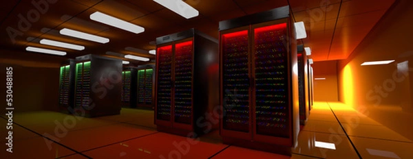 Fototapeta Server room. Server data center. Backup, mining, hosting, mainframe, farm and computer rack with storage information. 3d rendering