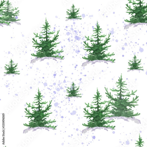 Fototapeta holiday pattern illustration with trees in the snow, snow. Drawing for poster or template