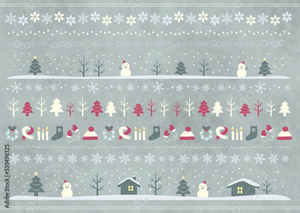 Fototapeta 雪だるまと冬景色のイラスト飾り罫