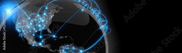 Fototapeta Globalization and communication concept. Earth and luminous rays. 3d rendering