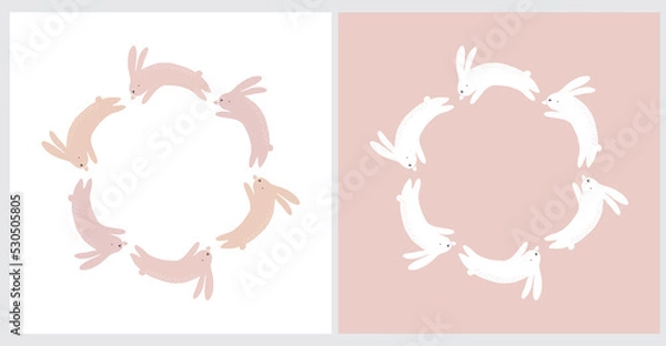 Fototapeta Cute Vector Illustration with Jumping Bunnies. Round Frame with Funny Rabbits  on a White and Pastel Pink Background. Easter and Chinese Year Print. Woodland Party Art ideal for Card, Poster. No text.