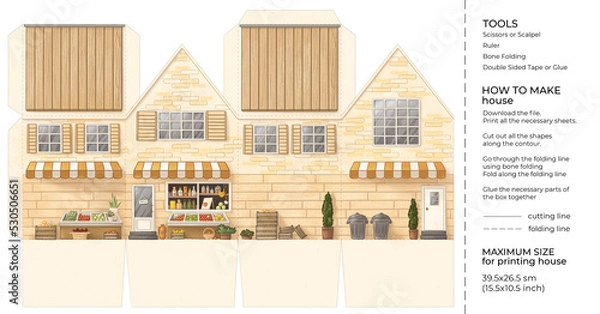 Obraz Kids craft paper vegetable shop. Cut and glue cartoon 3D toy doll house. Building paper craft model. Printable template