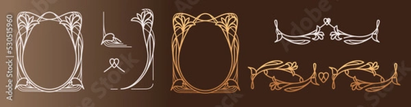 Fototapeta Art nouveau collection of borders, corners, frames and decorative elements on brown background