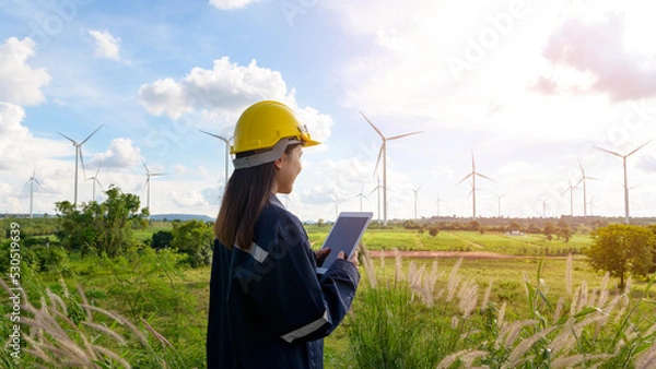 Fototapeta a woman engineer is wearing a protective helmet on her head, using tablet Analytics engineering data..