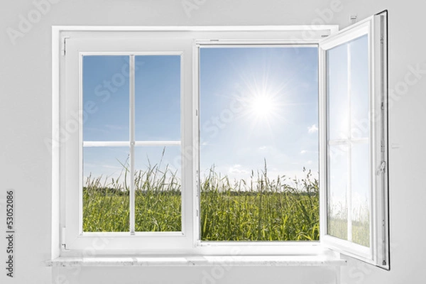 Fototapeta white half open window with sun