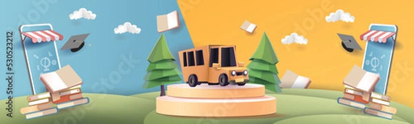 Fototapeta back to school colorful podium with school bus yellow and book elearning vector illustation 