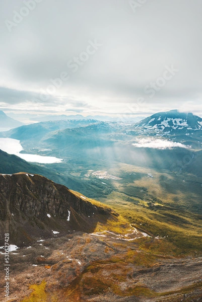 Fototapeta Aerial view mountain valley Norway landscape scandinavian nature scenery in Tromso region