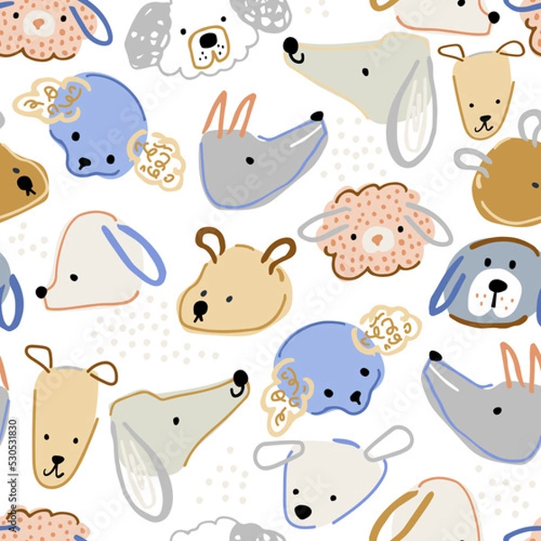 Obraz Seamless dog face pattern. Hand drawn cute dogs texture. Vector illustration