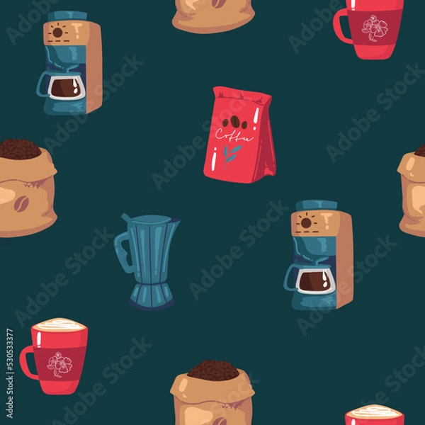 Fototapeta Vector hand drawn style coffee makers patten. Different kinds of coffee mugs, pots and coffee makers, coffee beans. Colorful, warm colors