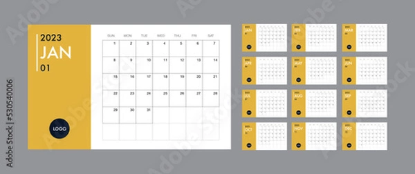Fototapeta Calendar template for 2023 year. Planner vector diary in a minimalist style. Corporate and business calendar template. Day planner for records throughout the year. Week start on Sunday