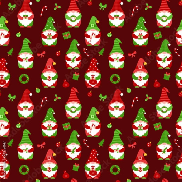 Fototapeta Seamless pattern with small gnomes. Cute Christmas elf cartoon characters holding gift, candy, christmas ball. Flat vector elements for fabric, wallpaper, wrapping paper. Christmas dwarfs on dark red