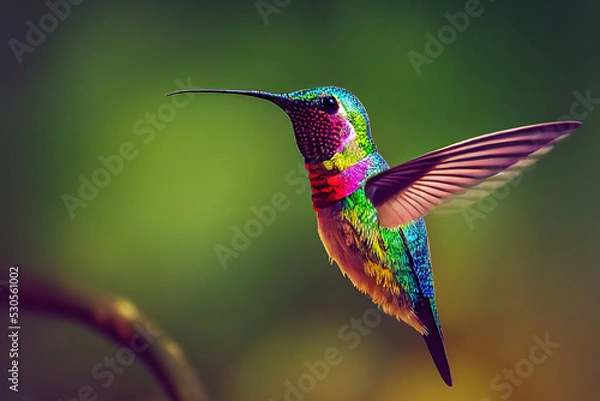 Obraz Flying hummingbird with green forest in background. Small colorful bird in flight. Digital art