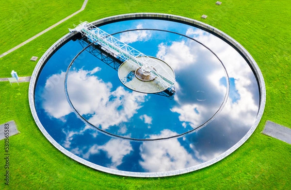 Fototapeta Aerial view to sewage treatment plant. Grey water recycling. Waste management theme.	
