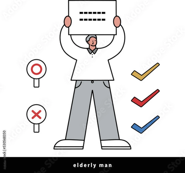 Fototapeta 資料を掲げる人のシンプルな線画イラスト　コピースペース