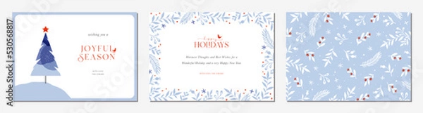 Fototapeta Winter Holiday cards. Universal Christmas templates with decorative Christmas Tree, floral background and frame with copy space, birds and greetings.