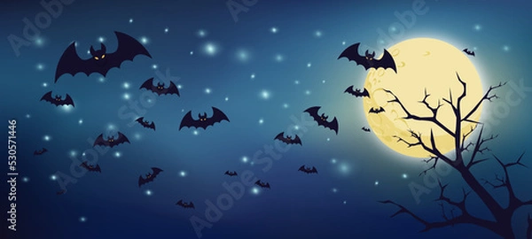 Fototapeta Halloween Night - Spooky Moon in a starry sky with bats and full moon. Vector illustration.