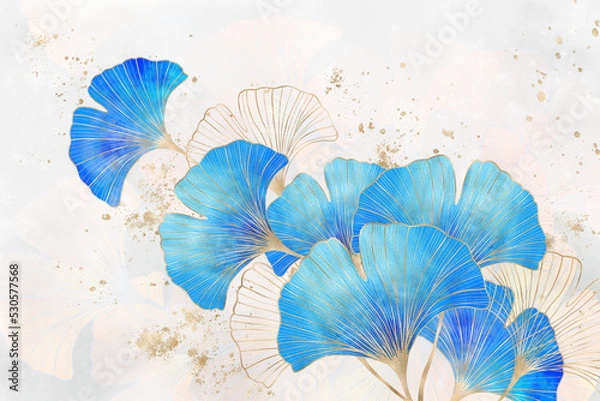 Fototapeta Brunch of Ginkgo Biloba leaves with golden lines in trendy style. Digital illustration