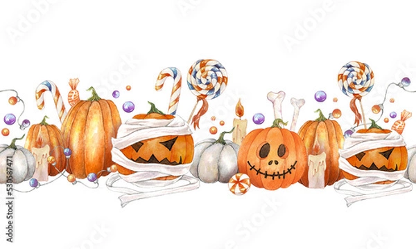 Fototapeta Halloween seamless border. Watercolor texture illustration with pumpkins, candy, candles, bones and garlands. Cute halloween decoration for your design.