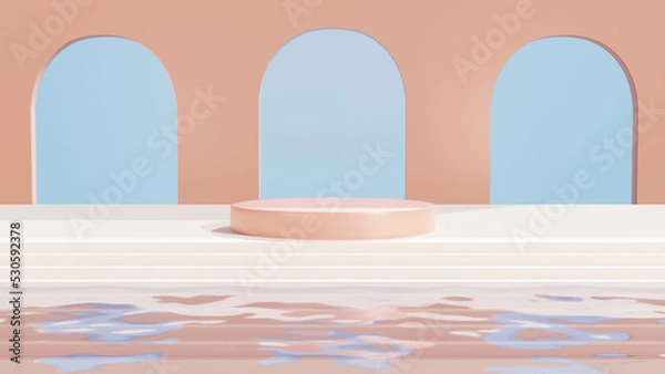 Fototapeta 3D rendering Product display podium with water reflection and geometrical forms background. minimal 3d landscape. Cosmetic for Beauty product.