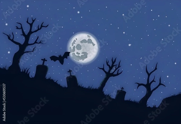 Fototapeta halloween background with black silhouette of cemetery and trees, bat, full moon and with blue starry sky
