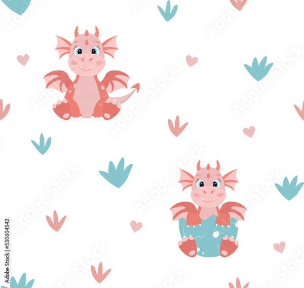 Fototapeta Seamless pattern with cute little cartoon red dragons and leaves. Perfect for fabric, wallpaper or wrapping paper.