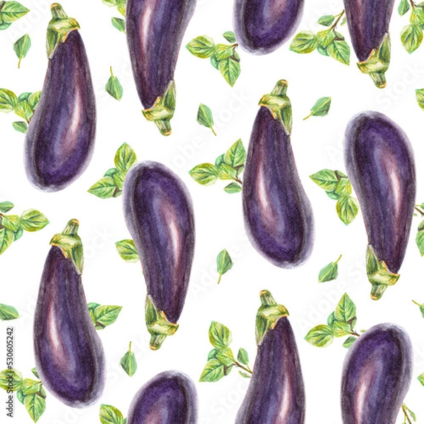 Fototapeta Watercolor seamless pattern with eggplants and basil on white background. Illustration for kitchen textile, fabric, wrapping paper, backgrounds, prints.