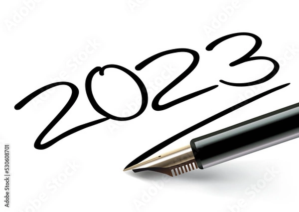 Fototapeta Vœux 2023 inscrit sur un papier blanc à l’encre noir avec un stylo plume et souligné comme une signature.