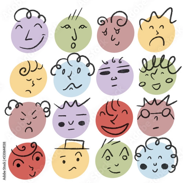 Fototapeta Round abstract comic Faces with various Emotions. Crayon drawing style. Different colorful characters. Cartoon style. Flat design. Hand drawn trendy Vector illustration.