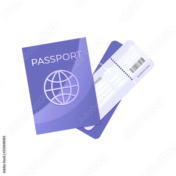 Obraz Violet passport id and airplane ticket or boarding pass in flat style isolated on white background. Travel, airplane booking, planning a vacation and tourism concept.	