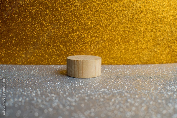 Obraz Wooden eco podium for product demonstration on a golden and silver shiny background
