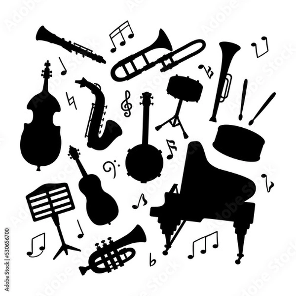 Fototapeta Set of jazz musical instruments. Funny vector flat silhouette illustration with trumpet and saxophone on white square background. Various musical symbols and objects, notes for poster or flyer