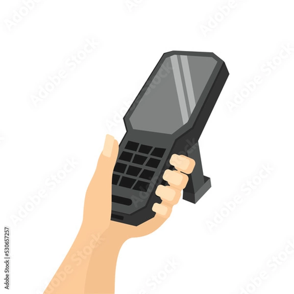 Fototapeta Handheld data collection terminal in hand scans barcodes on a box in a warehouse, inventory control, barcode scanner, qr codes, isolated Laser scanner of a data collection terminal white background