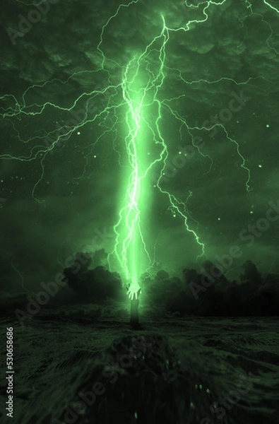 Obraz lightning in the night over the sea with hand of the rescue