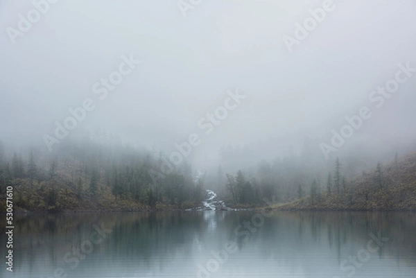 Fototapeta Mountain creek flows from forest hills into glacial lake in mysterious fog. Small river and coniferous trees reflected in calm alpine lake in misty morning. Tranquil landscape in fading autumn colors.