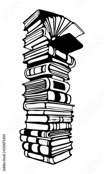 Fototapeta World Book Day. A large stack of various books. Pile of books. Hand-drawn educational. Stacks of books outline doodle vector illustration in engraving style. Back to school concept