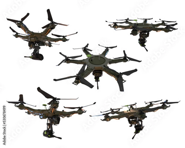 Fototapeta 3d illustration of a fictional military drone with a weapon. x5 isolated images prepared as PNGs for quick selection.