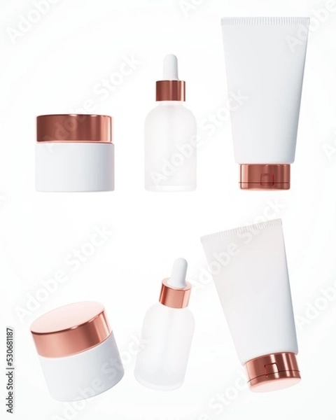 Fototapeta Different views of cream jar with rose gold cap, serum dropper bottle and cosmetic tube with cap, 3D render cosmetic product packaging isolated on white background