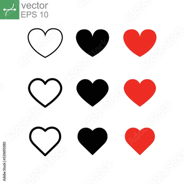 Fototapeta Heart icons, concept of love symbol icon set. Collection of heart illustration. Linear, thin, grey line, solid and red colour Vector illustration. Design on white background. EPS 10