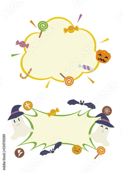 Obraz お化けやコウモリ、お菓子が飛び出すハロウィンのかわいいフレーム・吹き出しセット