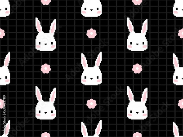 Fototapeta Rabbit cartoon character seamless pattern on black background.  Pixel style
