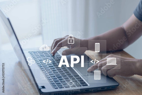 Fototapeta API Application Programming Interface connect services on internet and allow network data communication, a software engineer and development tool for IoT, cloud computing, robotic process automation