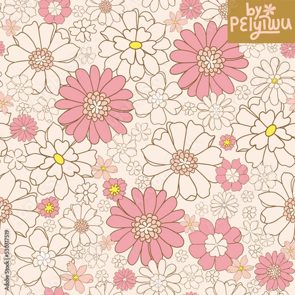 Fototapeta retro vector seamless pattern texture vintage style pink outline great for wallpaper background fabric projects. 