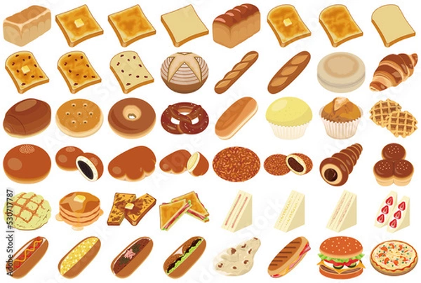 Obraz 人気のパンアイコン・イラスト（食パン、フランスパン、コッペパン、サンドイッチ）