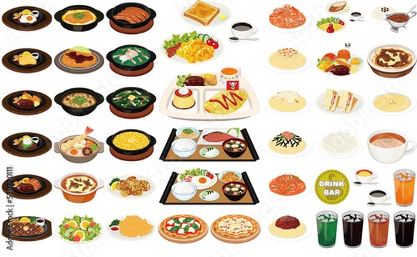 Obraz ファミレスの人気料理アイコン①（ピザ、パスタ、ハンバーグ、モーニング、ドリンクバー）